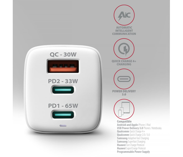 Axagon ACU-DPQ65W, GaN 65W, 3x port, PD3.0/QC4+/PPS/Apple - 1353462 - zdjęcie 2